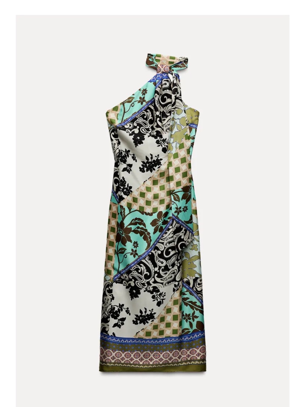 Zara One-Shoulder Maxi Dress in Aqua, Black and Cream